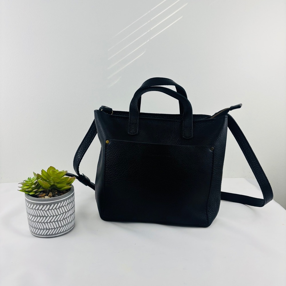 Portland Leather Goods Black Pebbled Leather Mini Crossbody Tote Bag Zip Top